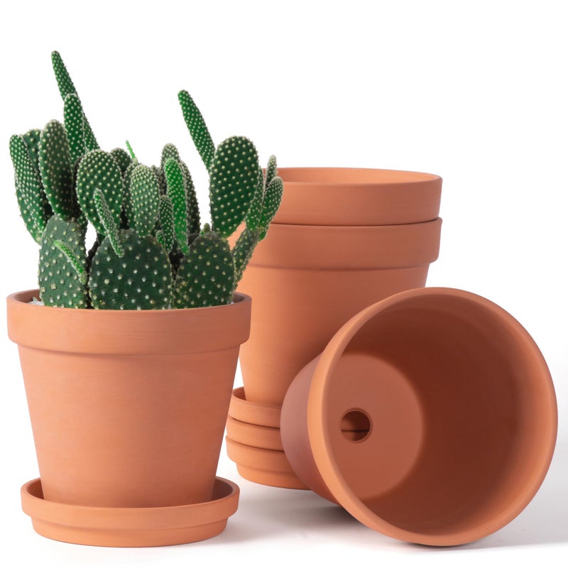 Orceler 6 inch Terracotta & Clay Pots for Plants with Saucer, Medium Terra Cotta Plant Pots with Drainage Hole, Flowerpot with Tray, Terracotta Pot for Indoor Outdoor Plant - Pack of 4 Planters - Image 1