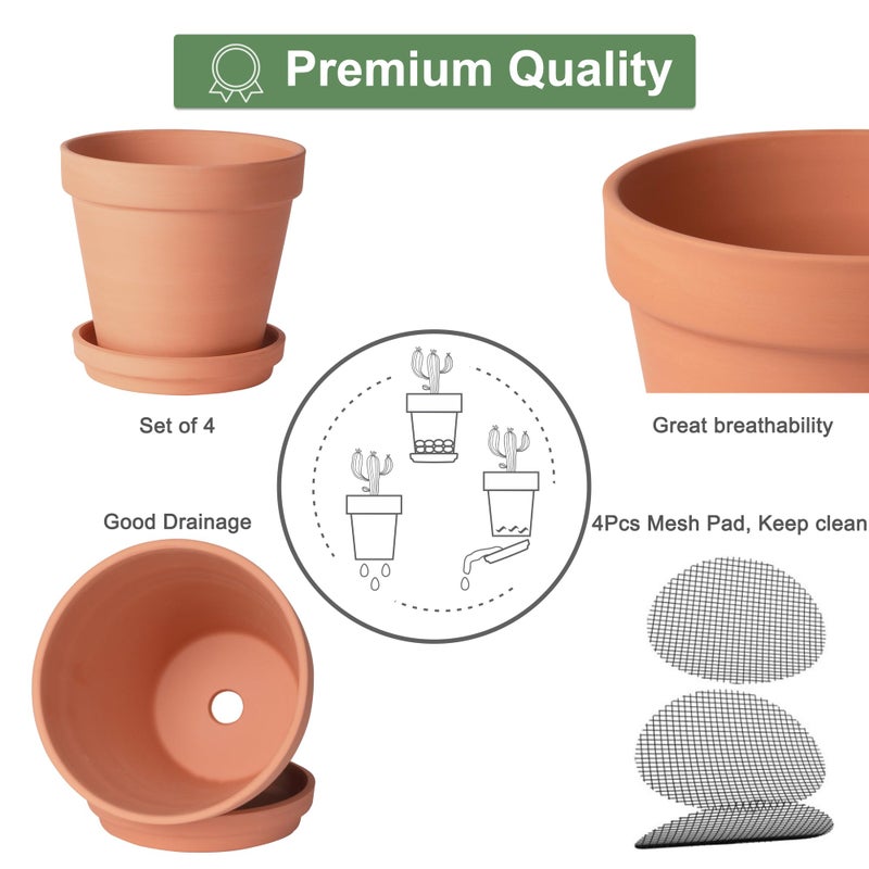 Orceler 6 inch Terracotta & Clay Pots for Plants with Saucer, Medium Terra Cotta Plant Pots with Drainage Hole, Flowerpot with Tray, Terracotta Pot for Indoor Outdoor Plant - Pack of 4 Planters - Image 3