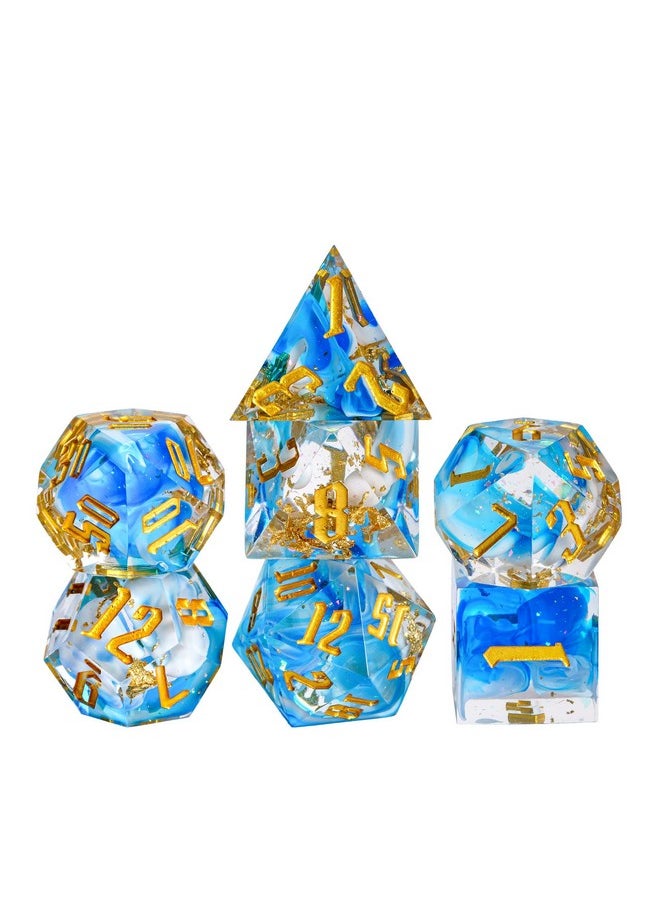 cusdie Sharp Edges Dnd Dice, 7 Pcs D&D Dice, Handcrafted Polyhedral Dice Set, For Role Playing Game Mtg Pathfinder (Blue Swirl W/Gold Foil)  - Image 1