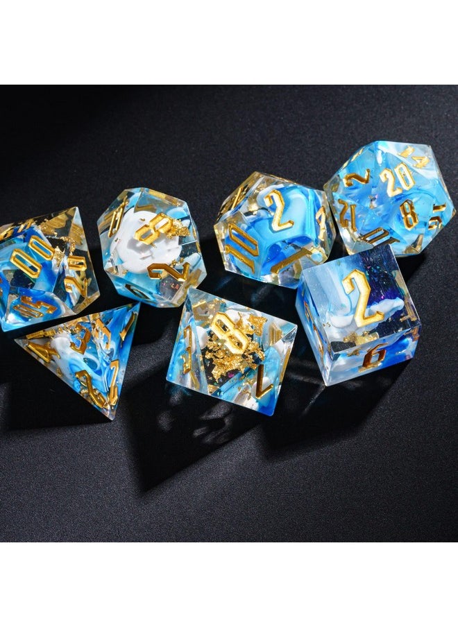 cusdie Sharp Edges Dnd Dice, 7 Pcs D&D Dice, Handcrafted Polyhedral Dice Set, For Role Playing Game Mtg Pathfinder (Blue Swirl W/Gold Foil)  - Image 4