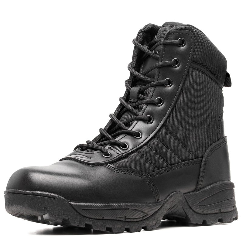 WIDEWAY Men's Tactical Military Work Boots Black Waterproof Leather Motorcycle Combat Army Boot w/Side Zipper slip resistant and All Day Comfortable (6-8inch) - Image 1