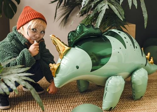 PartyDeco Triceratops Standing Foil Balloon PartyDeco 365x19 Inch Green Gold Dinosaur Balloon for Birthday Party Decorations triceratops Jungle Theme Birthday for Kids - Image 5
