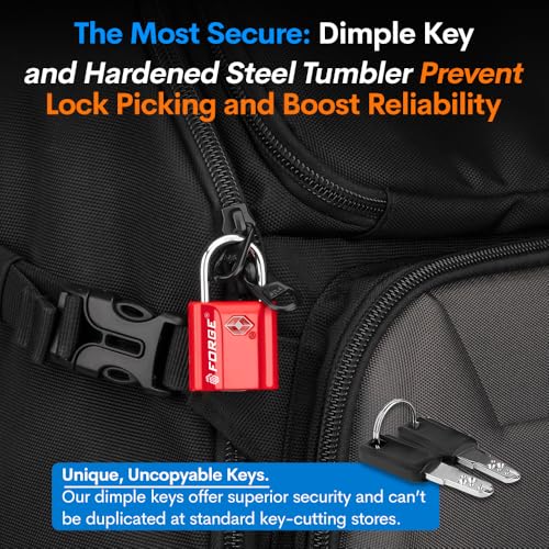 Forge Small TSA Approved Luggage Locks: Ultra Secure Dimple Key Travel Locks Alloy Body, for Luggage, Travel Cases, Backpacks, Red 4 Pack. - Image 5