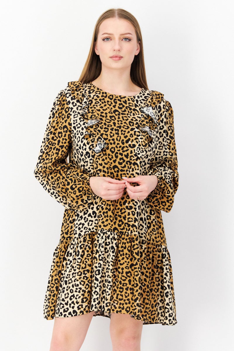 Miss Selfridge Women Animal Print Mini Casual Dress, Tan - Image 1