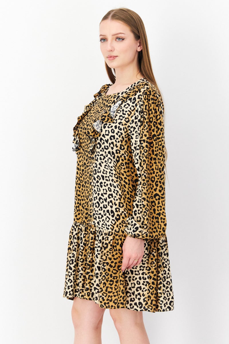 Miss Selfridge Women Animal Print Mini Casual Dress, Tan - Image 4