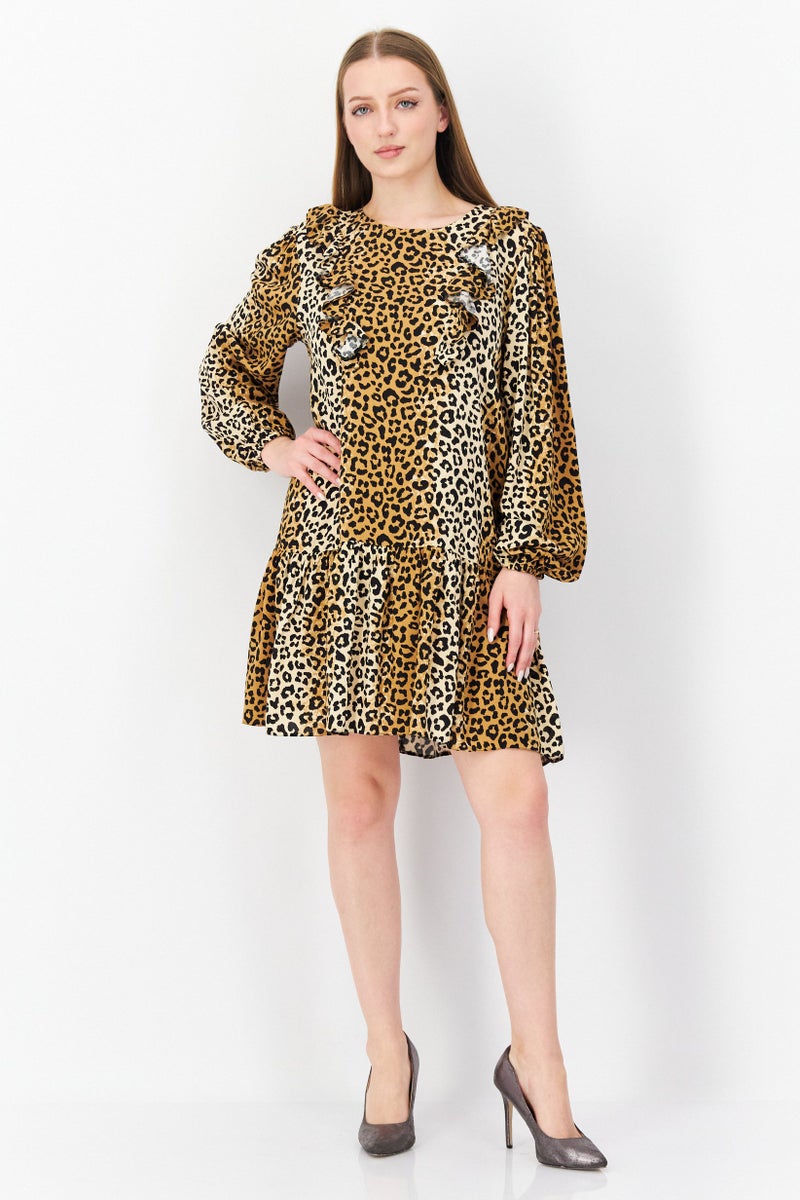 Miss Selfridge Women Animal Print Mini Casual Dress, Tan - Image 3