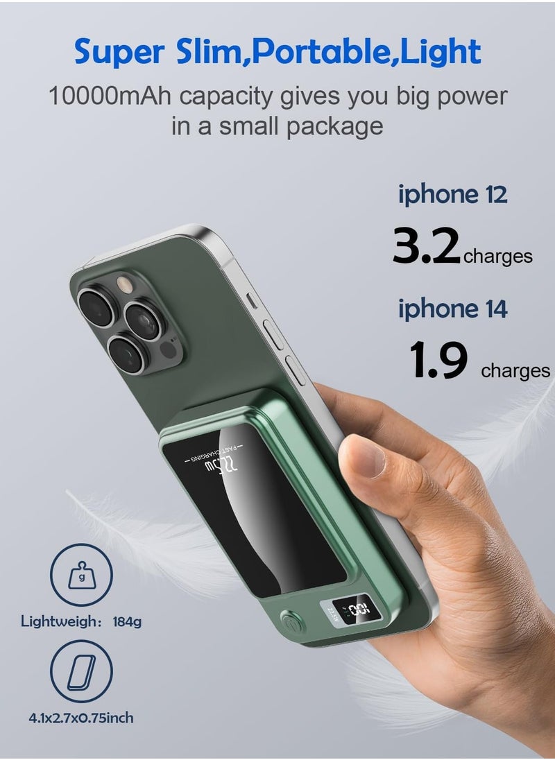 Magnetic Wireless Power Bank 10000mAh, 15W Fast Wireless Charging, 22.5W USB PD QC3.0 Type-C, LED Display Battery Pack for iPhone 14/15/13/12 Series (Green)