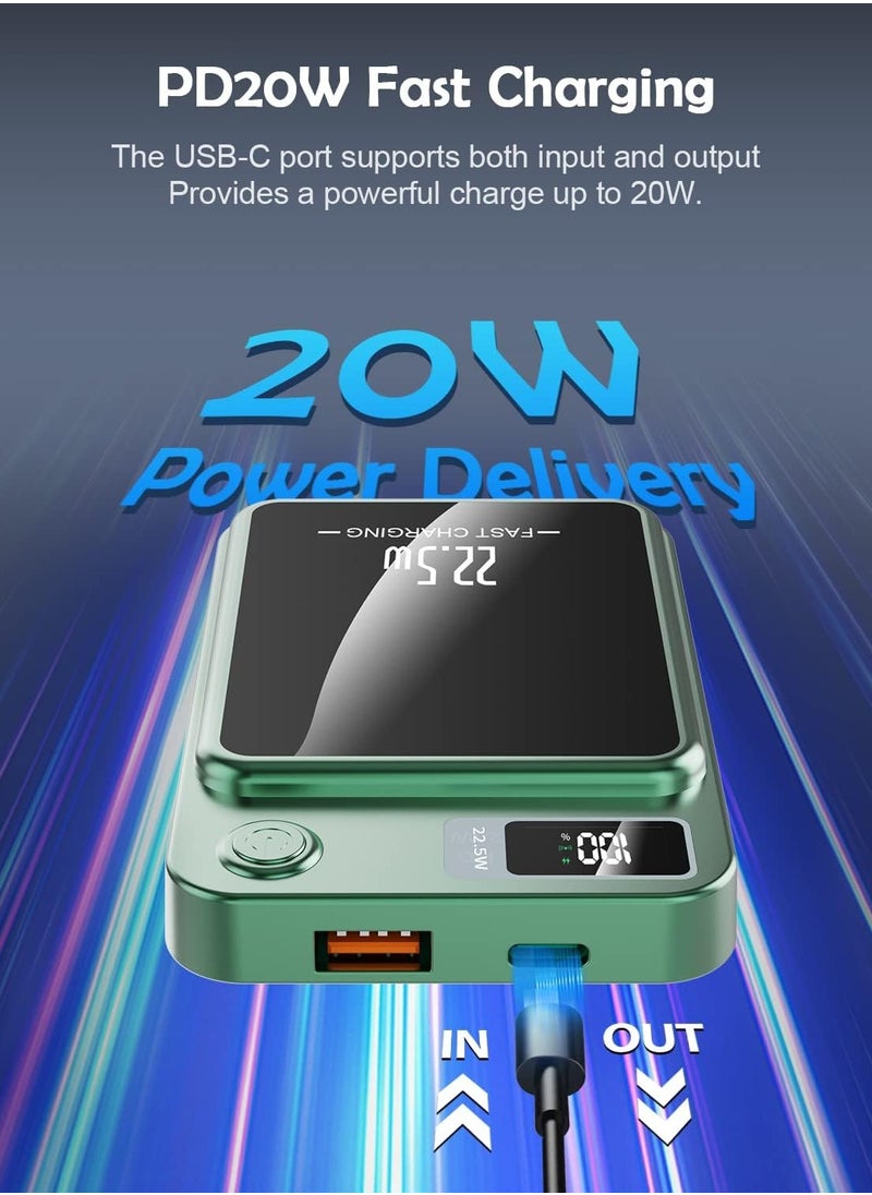 Magnetic Wireless Power Bank 10000mAh, 15W Fast Wireless Charging, 22.5W USB PD QC3.0 Type-C, LED Display Battery Pack for iPhone 14/15/13/12 Series (Green)