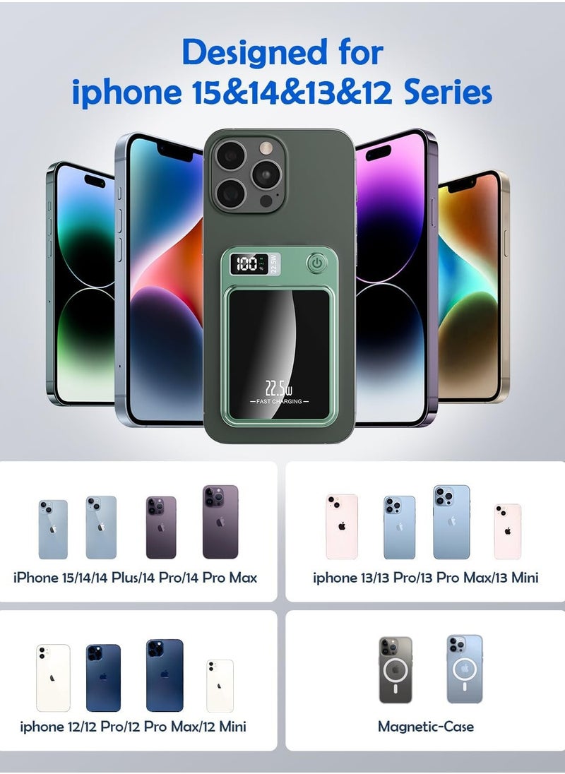 Magnetic Wireless Power Bank 10000mAh, 15W Fast Wireless Charging, 22.5W USB PD QC3.0 Type-C, LED Display Battery Pack for iPhone 14/15/13/12 Series (Green)