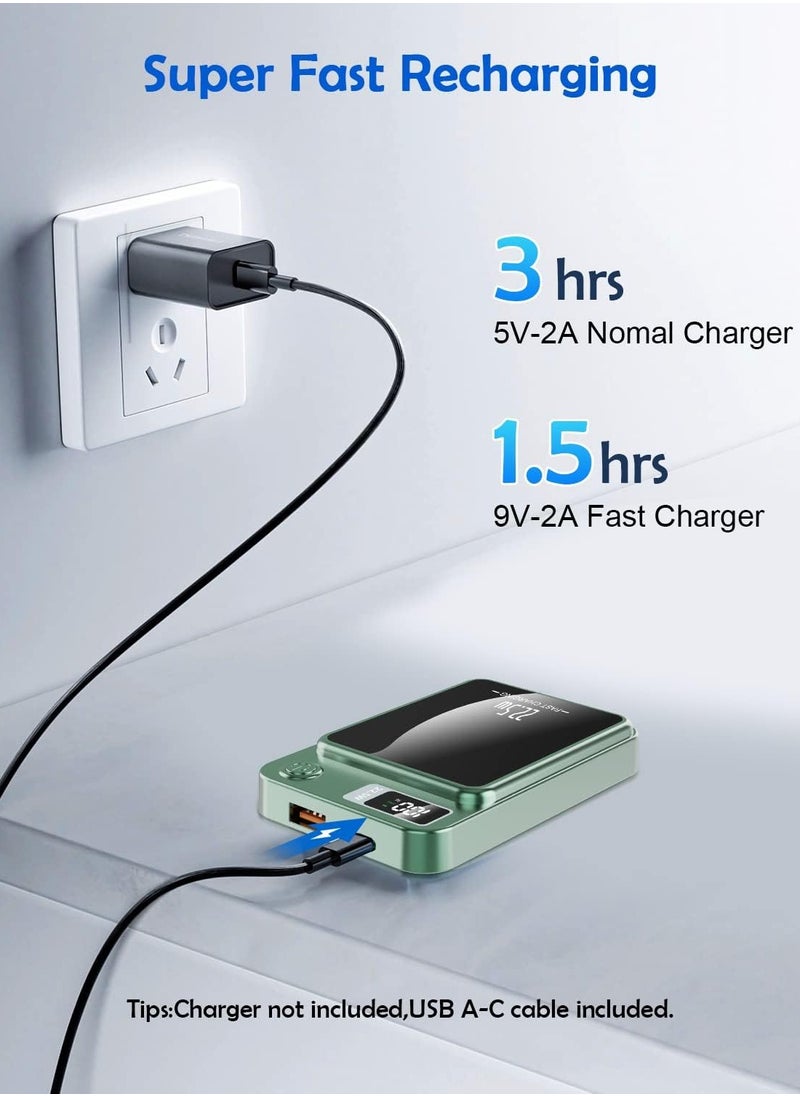 Magnetic Wireless Power Bank 10000mAh, 15W Fast Wireless Charging, 22.5W USB PD QC3.0 Type-C, LED Display Battery Pack for iPhone 14/15/13/12 Series (Green)