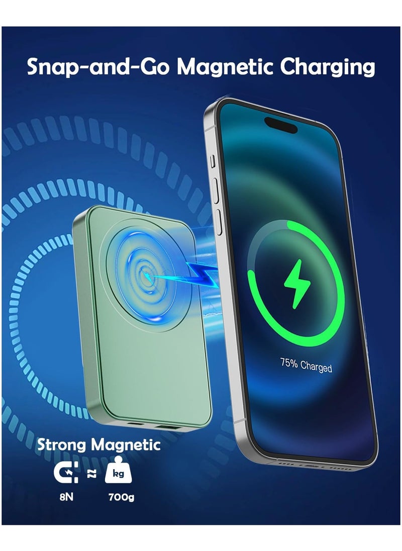 Magnetic Wireless Power Bank 10000mAh, 15W Fast Wireless Charging, 22.5W USB PD QC3.0 Type-C, LED Display Battery Pack for iPhone 14/15/13/12 Series (Green)