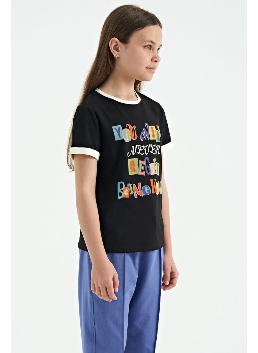 Tommy Life - Black Colored Text Detailed O Neck Comfortable Form Girls T-Shirt - 75109 - Image 1