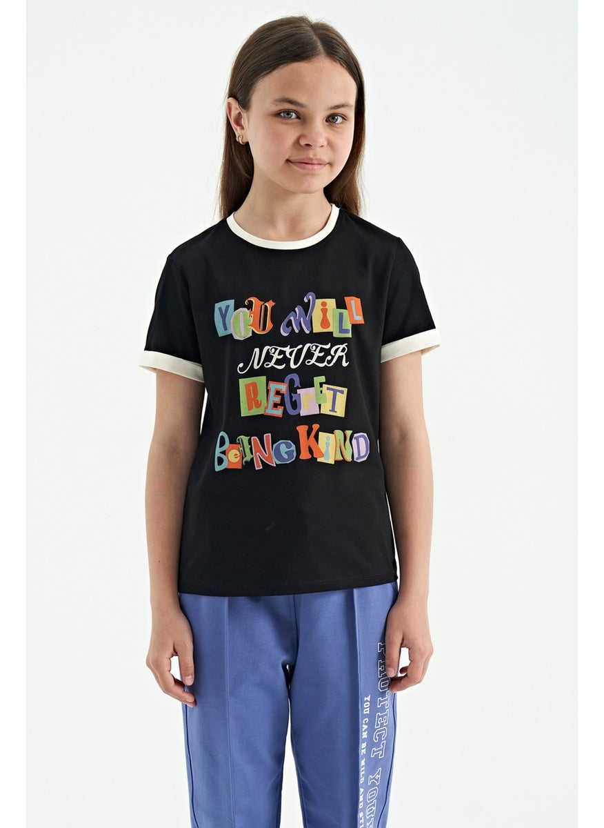 Tommy Life - Black Colored Text Detailed O Neck Comfortable Form Girls T-Shirt - 75109 - Image 1
