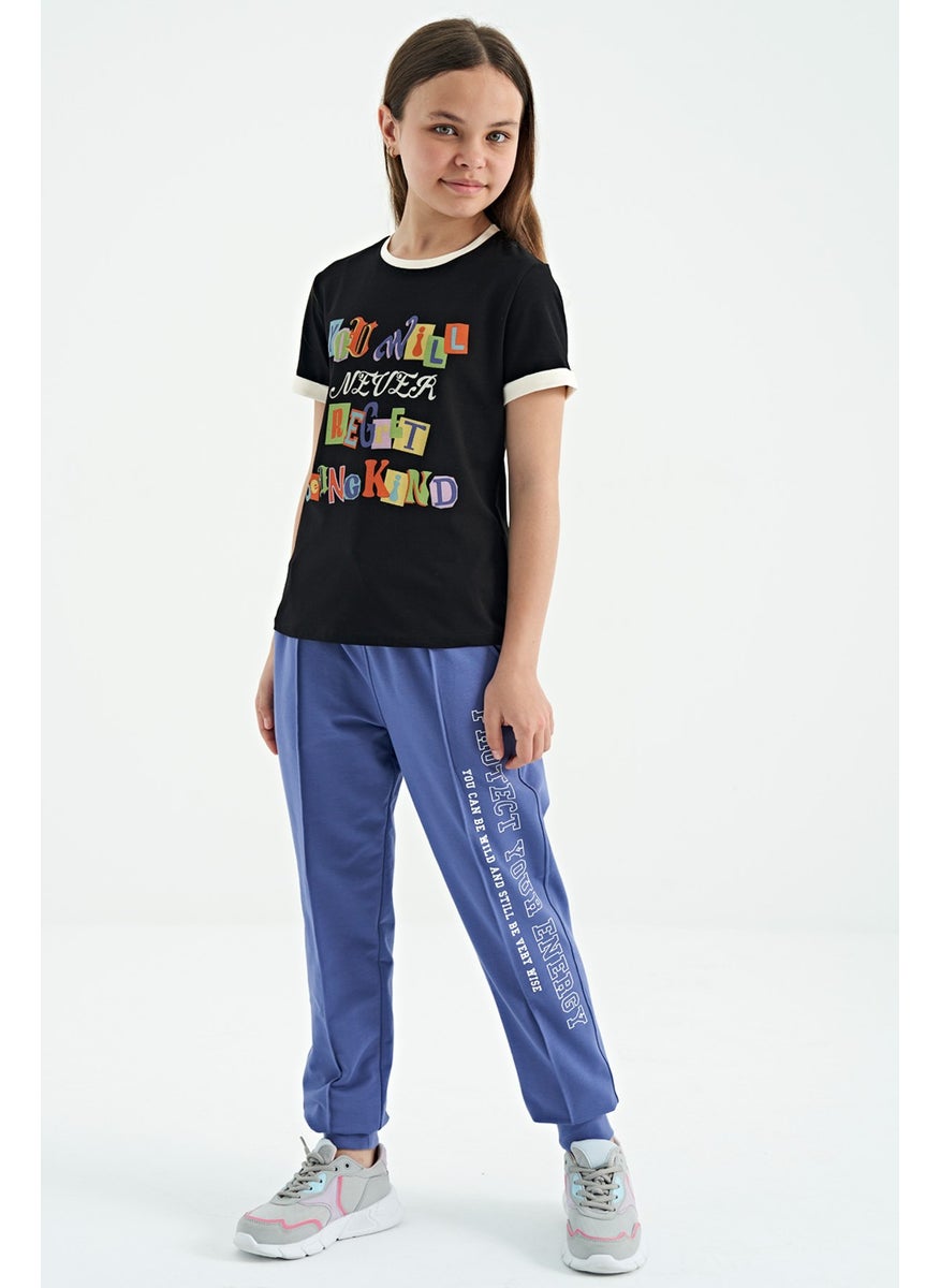 Tommy Life - Black Colored Text Detailed O Neck Comfortable Form Girls T-Shirt - 75109 - Image 1