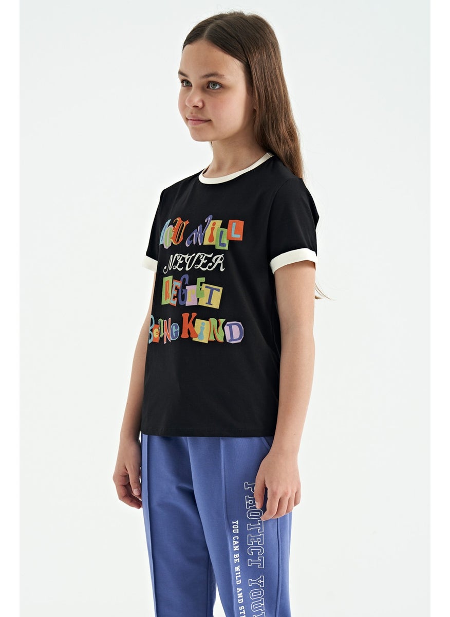 Tommy Life - Black Colored Text Detailed O Neck Comfortable Form Girls T-Shirt - 75109 - Image 1