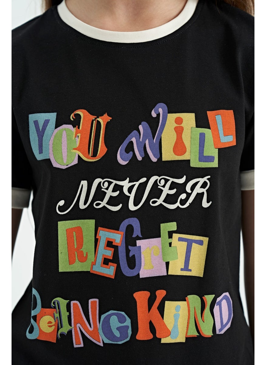 Tommy Life - Black Colored Text Detailed O Neck Comfortable Form Girls T-Shirt - 75109 - Image 1