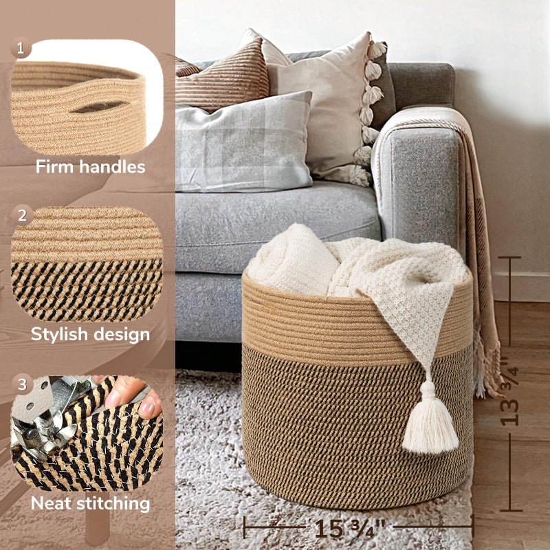 Goodpick Large Cotton Rope Basket 15.8"x15.8"x13.8"-Baby Laundry Basket Woven Blanket Basket Nursery Bin, Jute - Image 3