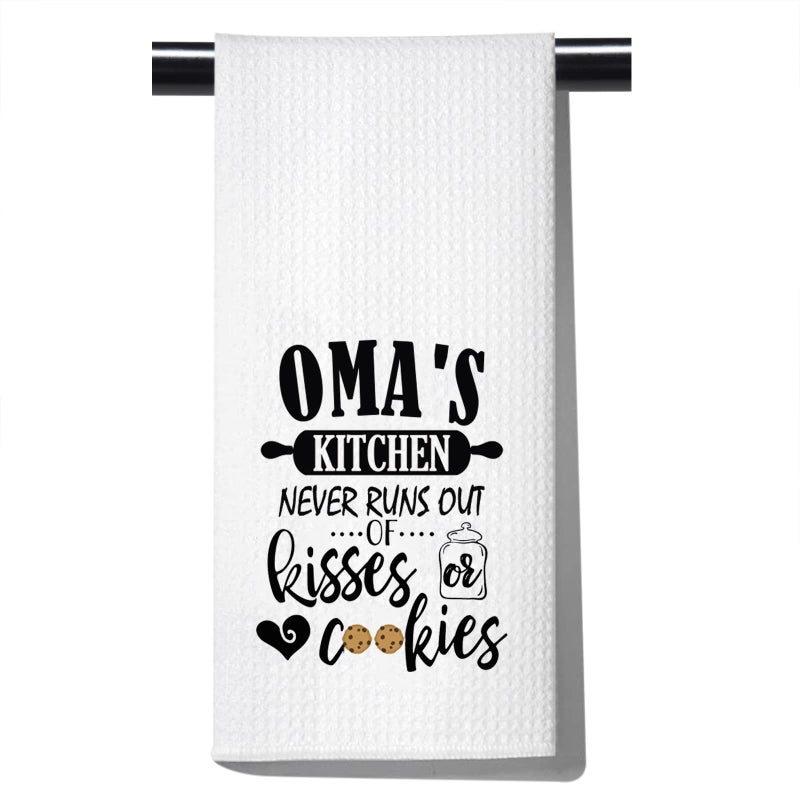 POFULL Omas Kitchen Decor Omas Kitchen Never Runs Out of Kisses and Cookies Dish Towel Gift for Grandmother Oma towel