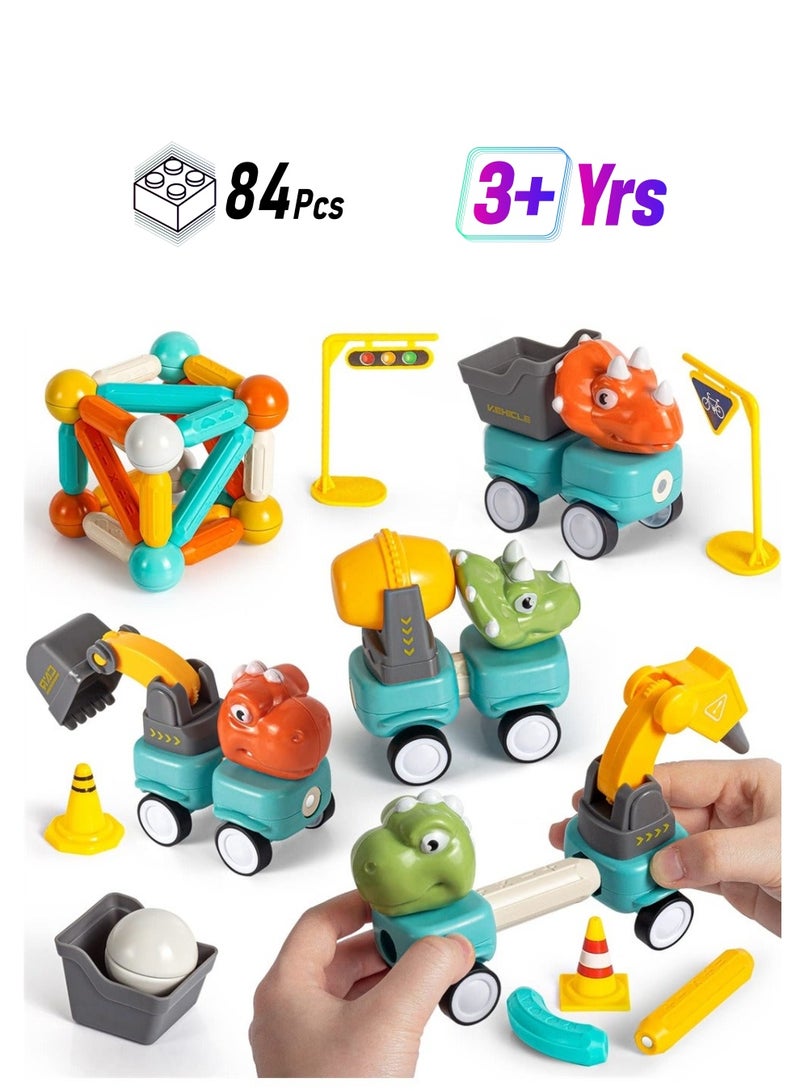 Loquat Magnetic Building Blocks Dinosaur Car Toys, 84PCS Toddlers Construction Truck Excavator Toys, STEM Preschool Magnet Toys, Creative Educational Building Toys for 3+ Kids Toddler Birthday Gift - Image 1