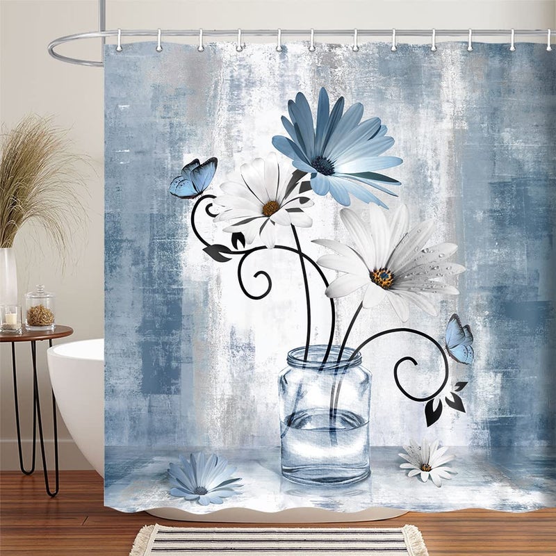 Rustic Farmhouse Floral Shower Curtain Country Farm Blue Daisy Flowers Butterfly Abstract Shower Curtain Set Navy Blue Shower Curtains Farmhouse Bathroom Accessories with 12PCS Hooks70X70IN