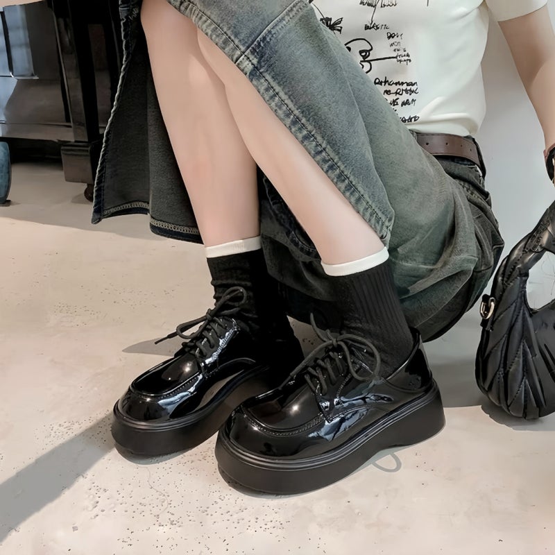 College Style Soft Leather Shoes For Women 2026 Spring Versatile New British Style Lace-Up Loafers To Match Skirts Thick-Soled Single Shoes - Image 3