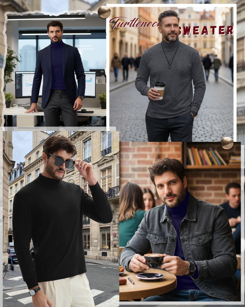 Riyiper 3 Pack Men's Turtleneck Shirts Thermal Basic Knitted Long Sleeve Casual Slim Fit Winter Pullover Tops(Black, Dark Grey, Navy Blue,L) - Image 2
