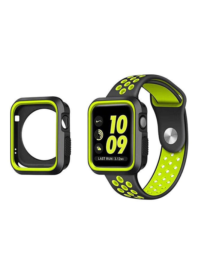 NIBEMINENT Full Protector Rubber Case Cover With Sport Silicone Watch Band For 42mm Apple Series 3/2/1 Yellow/Black