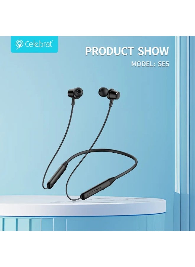 SE5 Wireless Bluetooth 5.3 Neckband Headphones with Stereo Sound and Vibration – Up to 9 Hours of Playback – 10m Connection Range – Black