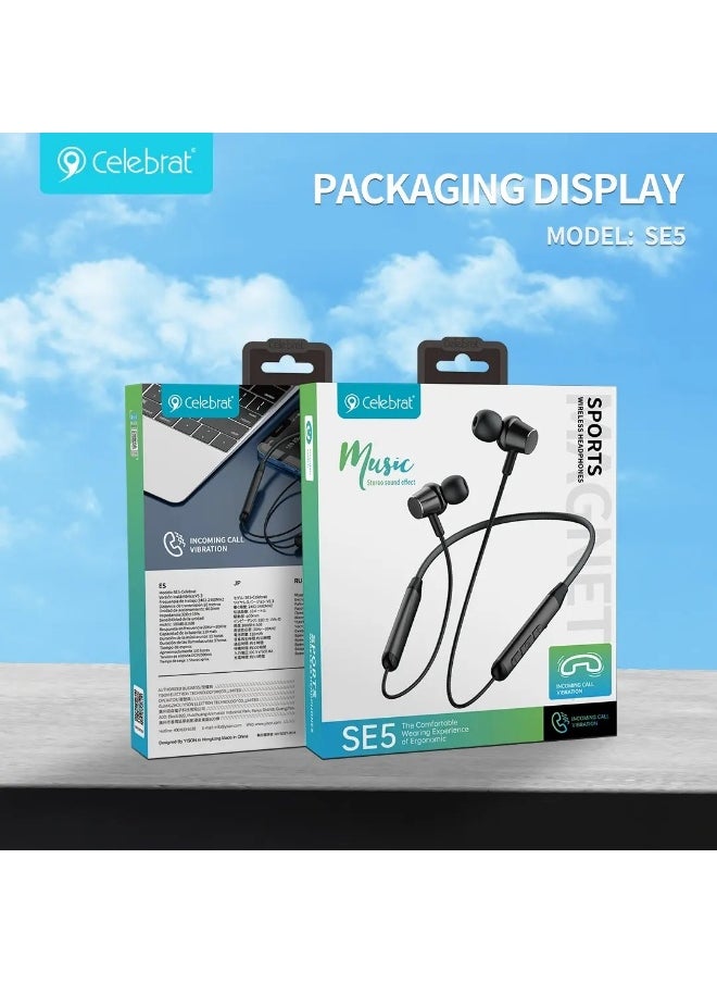 SE5 Wireless Bluetooth 5.3 Neckband Headphones with Stereo Sound and Vibration – Up to 9 Hours of Playback – 10m Connection Range – Black