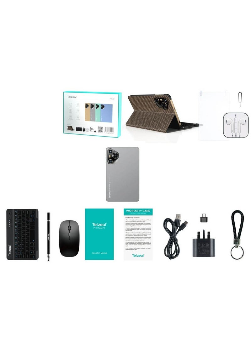 Telzeal - Telzeal P100 10.1 Inch Android 13 Tablet with 5G WiFi and Dual SIM 8GB RAM 512GB ROM 8000 mAh High Capacity Battery Wireless Keyboard and Mouse Grey - Image 1