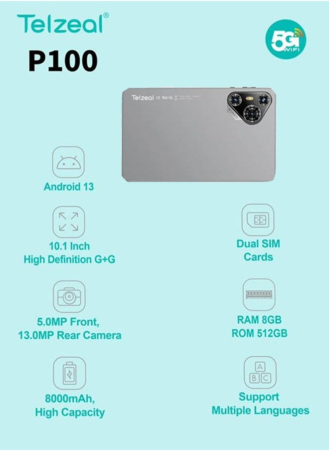 Telzeal - Telzeal P100 10.1 Inch Android 13 Tablet with 5G WiFi and Dual SIM 8GB RAM 512GB ROM 8000 mAh High Capacity Battery Wireless Keyboard and Mouse Grey - Image 1
