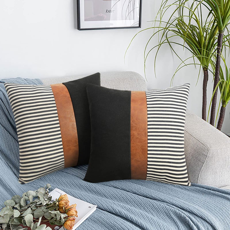 cygnus Set of 2 Farmhouse Decor Stripe Patchwork Black Linen Throw Pillow Covers Modern Tan Faux Leather Accent Pillow Covers 18x18 inch Black Stripe - Image 2