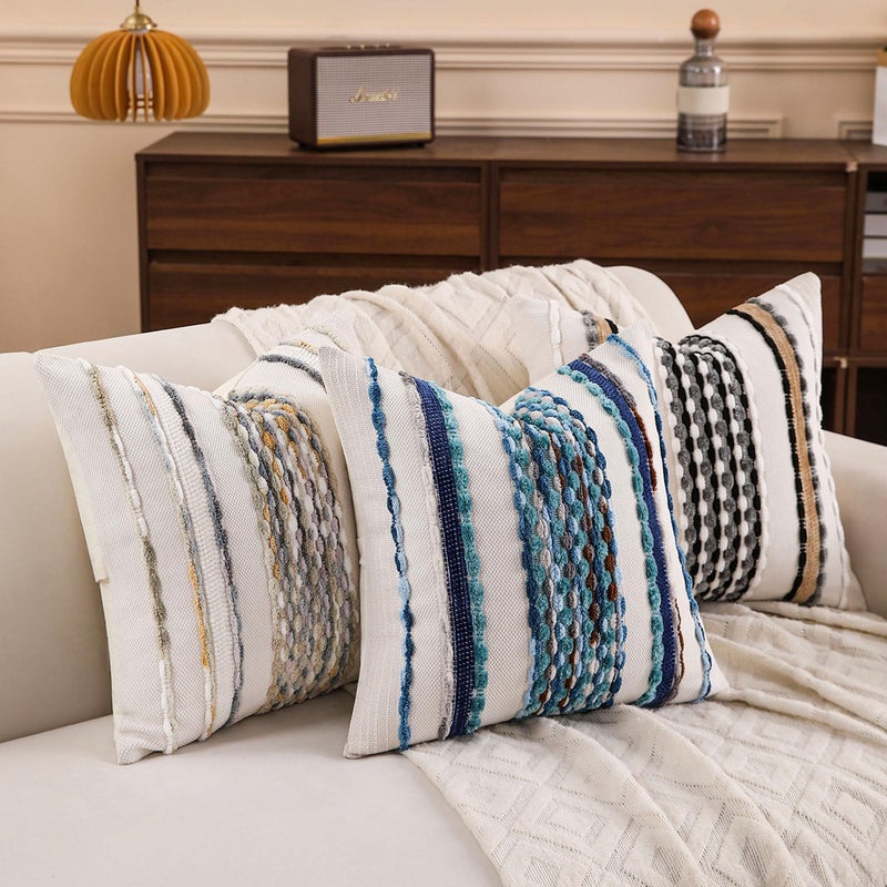 KOOLIFE Boho Striped Throw Pillow Covers 18x18 Inch Set of 2 Farmhouse Square Decorative Pillow Covers Chenille Tufted Accent Neutral Pillowcase Blue Cushion Cover for Living Room Couch Sofa Bed - Image 5