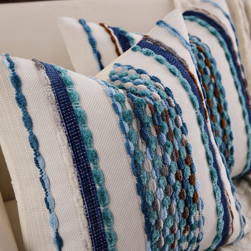 KOOLIFE Boho Striped Throw Pillow Covers 18x18 Inch Set of 2 Farmhouse Square Decorative Pillow Covers Chenille Tufted Accent Neutral Pillowcase Blue Cushion Cover for Living Room Couch Sofa Bed - Image 4