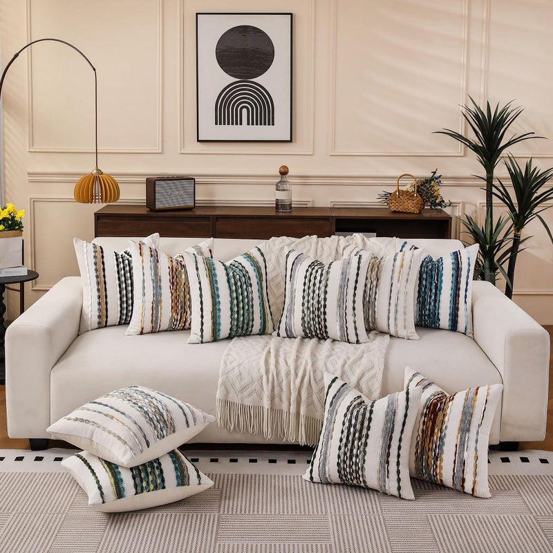 KOOLIFE Boho Striped Throw Pillow Covers 18x18 Inch Set of 2 Farmhouse Square Decorative Pillow Covers Chenille Tufted Accent Neutral Pillowcase Blue Cushion Cover for Living Room Couch Sofa Bed - Image 3