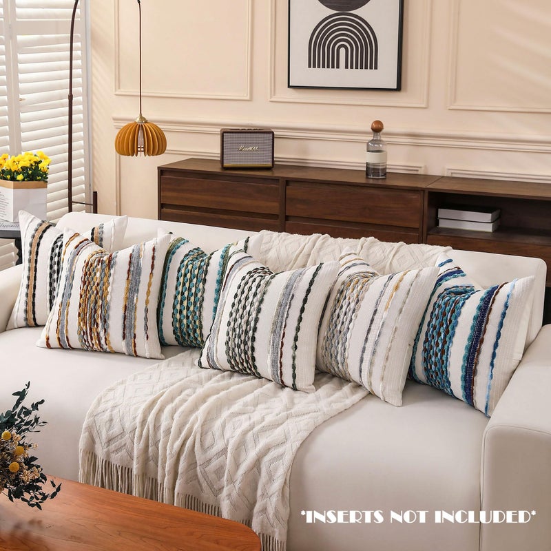 KOOLIFE Boho Striped Throw Pillow Covers 18x18 Inch Set of 2 Farmhouse Square Decorative Pillow Covers Chenille Tufted Accent Neutral Pillowcase Blue Cushion Cover for Living Room Couch Sofa Bed - Image 2