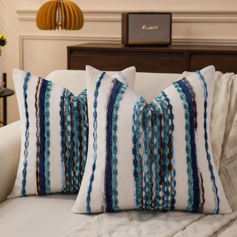 KOOLIFE Boho Striped Throw Pillow Covers 18x18 Inch Set of 2 Farmhouse Square Decorative Pillow Covers Chenille Tufted Accent Neutral Pillowcase Blue Cushion Cover for Living Room Couch Sofa Bed - Image 1