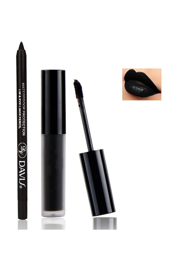 كيو اي يو اف اس اس اي مجموعة أحمر شفاه غير لامع أسود وقلم تحديد الشفاه، مجموعة أحمر شفاه سائل أسود، ملمع شفاه مقاوم للتلطخ، لون شفاه يدوم طويلاً، مناسب لمكياج الهالوين والتنكر القوطي، مكياج شفاه أسود - Image 1