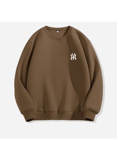 Autumn/winter Round Neck Printed Solid Color Sweatshirt Pullover Loose-fit Versatile Long Sleeve T-shirt Top Casual Style Brown