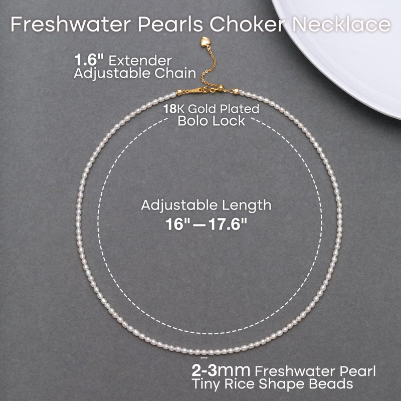 HENGSHENG Freshwater Pearls Choker Necklace for Women Tiny Small Rice Pearl Strand Necklace 18K Gold Plated Bolo Lock Hypoallergenic Cultured Pearl Choker - 18K GP - Image 3