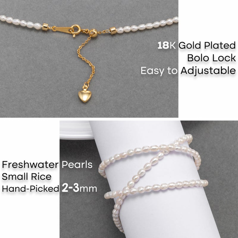 HENGSHENG Freshwater Pearls Choker Necklace for Women Tiny Small Rice Pearl Strand Necklace 18K Gold Plated Bolo Lock Hypoallergenic Cultured Pearl Choker - 18K GP - Image 5