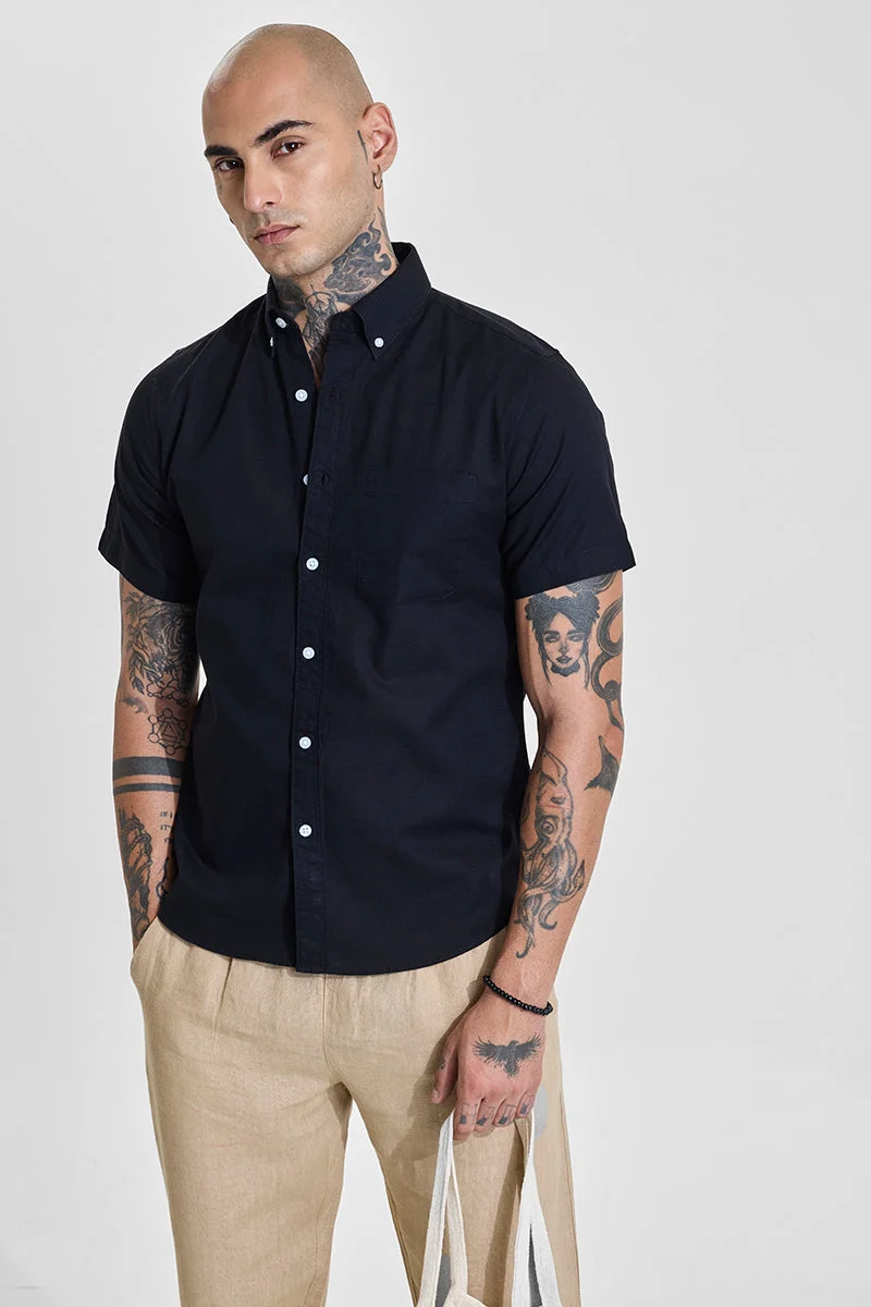 سنيتش Jet Black Solid Half Sleeve Slim Fit Shirt