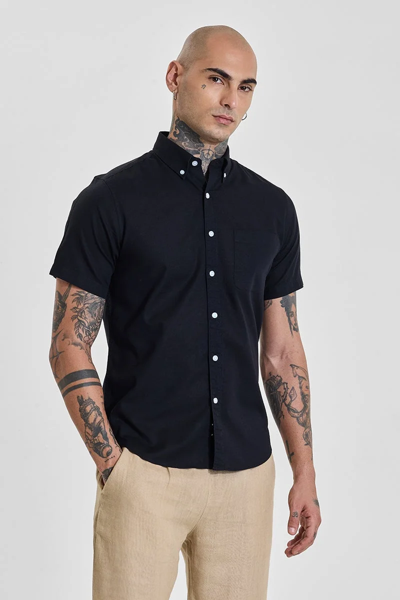 SNITCH Jet Black Solid Half Sleeve Slim Fit Shirt