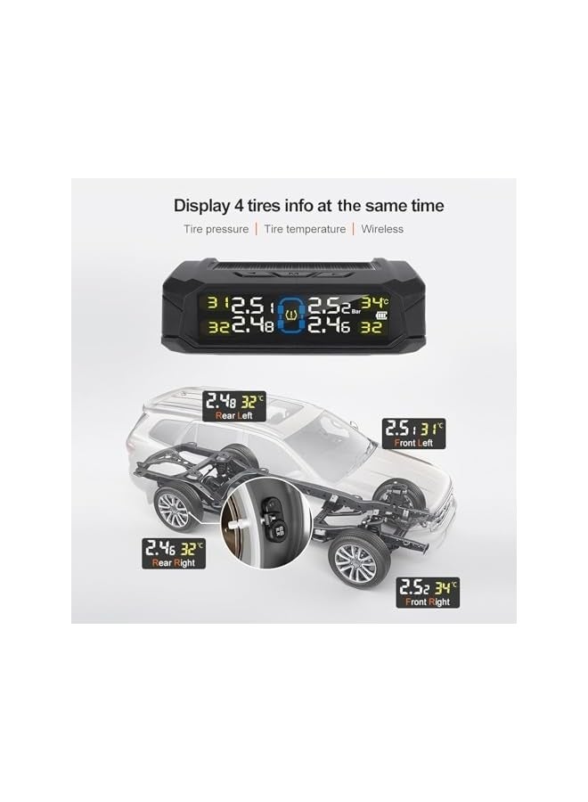 نظام مراقبة ضغط الإطارات، نظام ضغط إطارات شمسية لاسلكي مع شاشة LCD، 6 أوضاع إنذار و4 مستشعرات داخلية، نظام عرض ضغط الإطارات في الوقت الحقيقي للسيارة SUV MPV - Image 3
