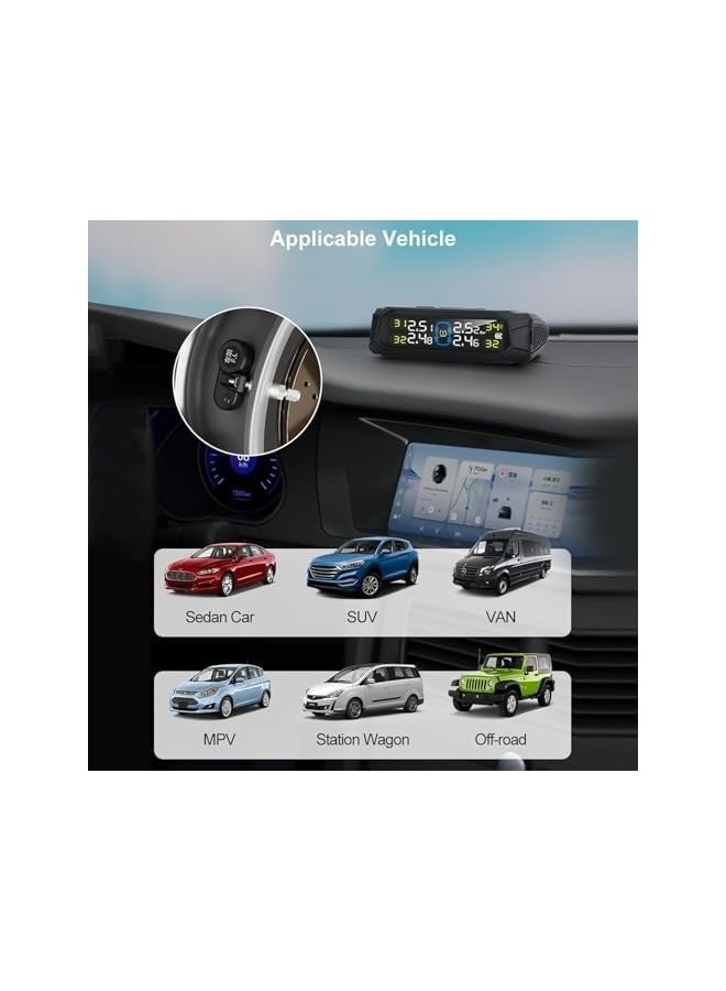 نظام مراقبة ضغط الإطارات، نظام ضغط إطارات شمسية لاسلكي مع شاشة LCD، 6 أوضاع إنذار و4 مستشعرات داخلية، نظام عرض ضغط الإطارات في الوقت الحقيقي للسيارة SUV MPV - Image 2