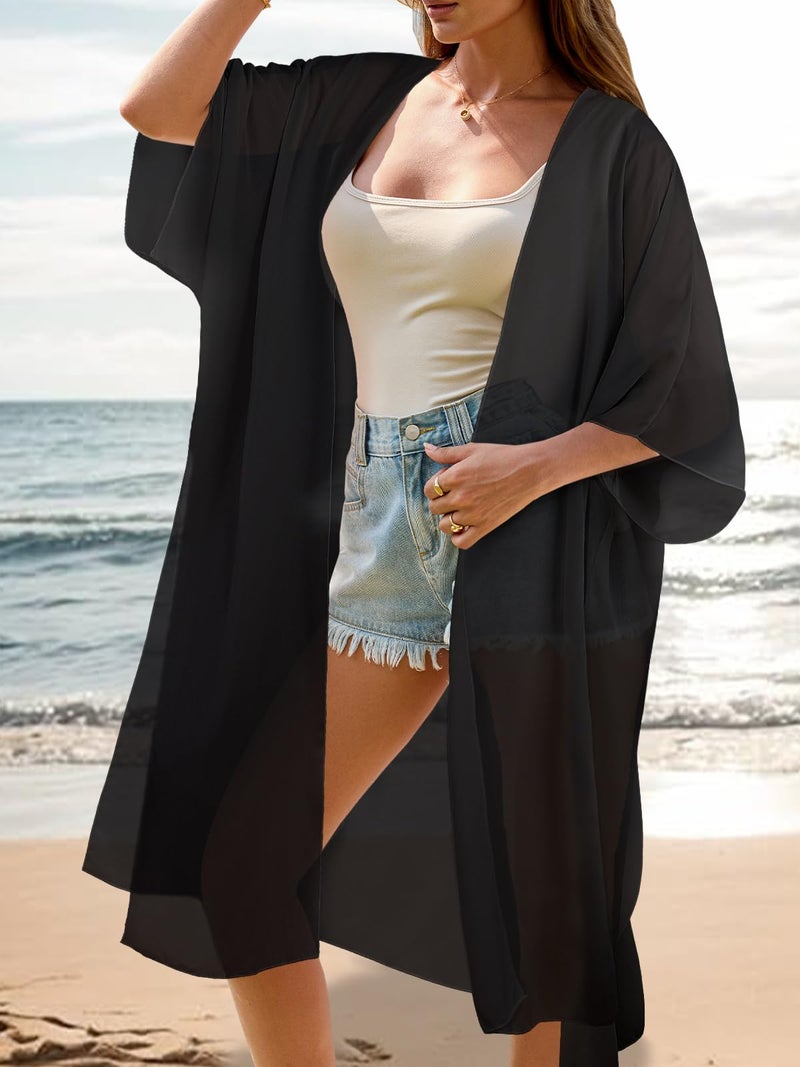 Maybuy Women's Boho Long Kimono Cardigan Dusters Summer Lightweight Chiffon Sheer Beach Swimsuit Swimwear Bathing Suit Bikini Cover Ups Coverup Plus Size Resort Wear Solid Color Black Medium - Image 4