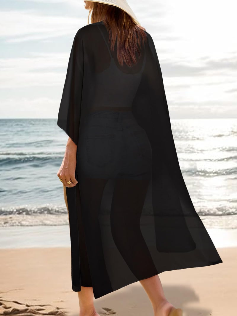 Maybuy Women's Boho Long Kimono Cardigan Dusters Summer Lightweight Chiffon Sheer Beach Swimsuit Swimwear Bathing Suit Bikini Cover Ups Coverup Plus Size Resort Wear Solid Color Black Medium - Image 5
