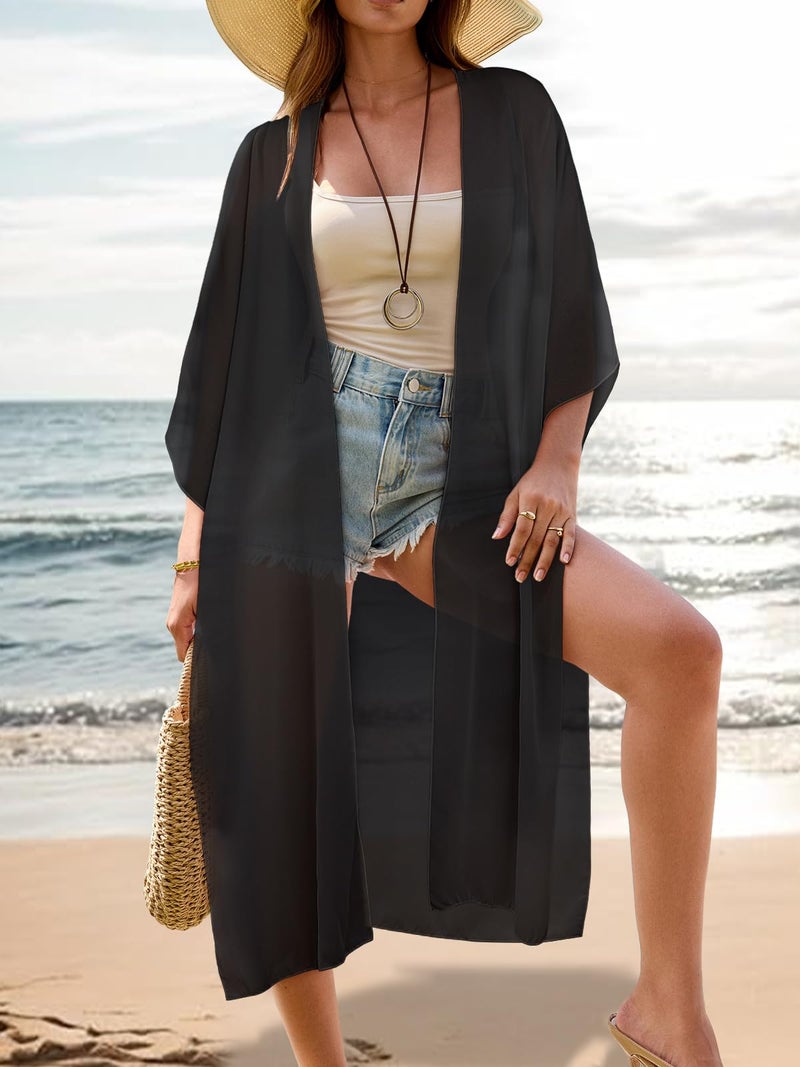 Maybuy Women's Boho Long Kimono Cardigan Dusters Summer Lightweight Chiffon Sheer Beach Swimsuit Swimwear Bathing Suit Bikini Cover Ups Coverup Plus Size Resort Wear Solid Color Black Medium - Image 2