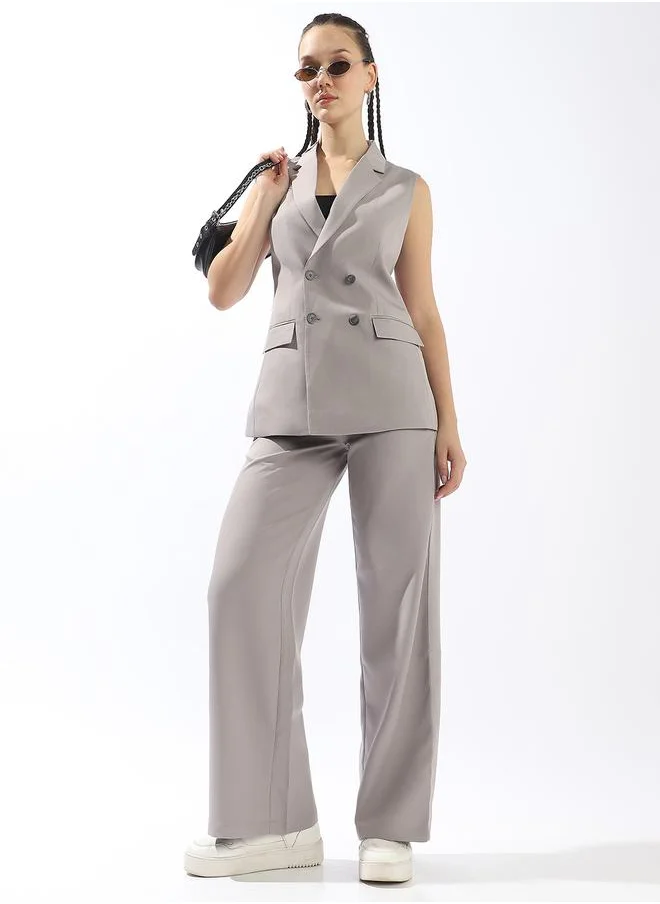 هاي ستار Women's Grey Polyester Blend Solid Double-Breasted Button Down Vest Full Chinos Tailored Fit Co-Ords