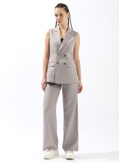 HIGH STAR Women's Grey Polyester Blend Solid Double-Breasted Button Down Vest Full Chinos Tailored Fit Co-Ords  - Image 1